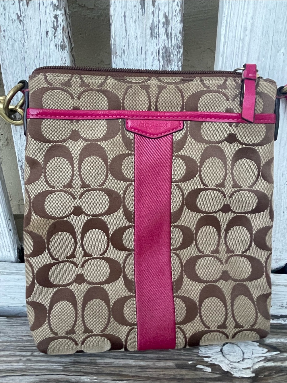Coach Signature Stripe Swingpack Crossbody Bag Khaki Pink Monogram Canvas